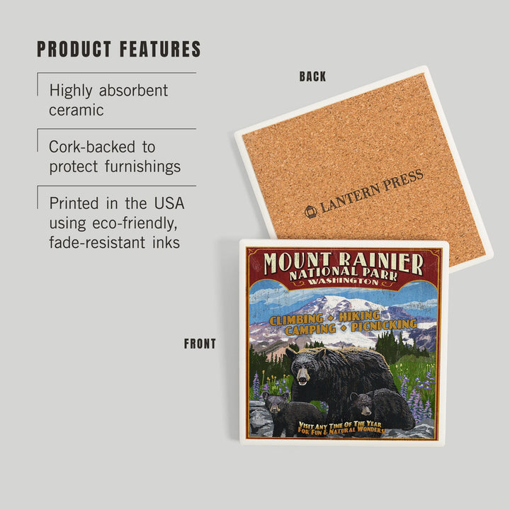 Mount Rainier National Park, Bear Family Vintage Sign, Coasters Coasters Lantern Press 