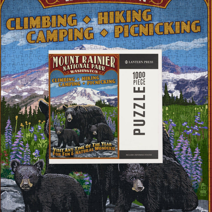 Mount Rainier National Park, Bear Family Vintage Sign, Jigsaw Puzzle Puzzle Lantern Press 