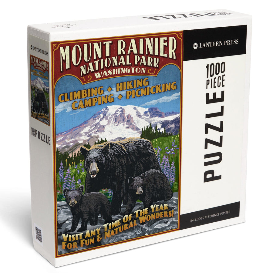 Mount Rainier National Park, Bear Family Vintage Sign, Jigsaw Puzzle Puzzle Lantern Press 
