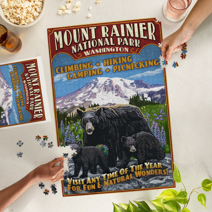 Mount Rainier National Park, Bear Family Vintage Sign, Jigsaw Puzzle Puzzle Lantern Press 