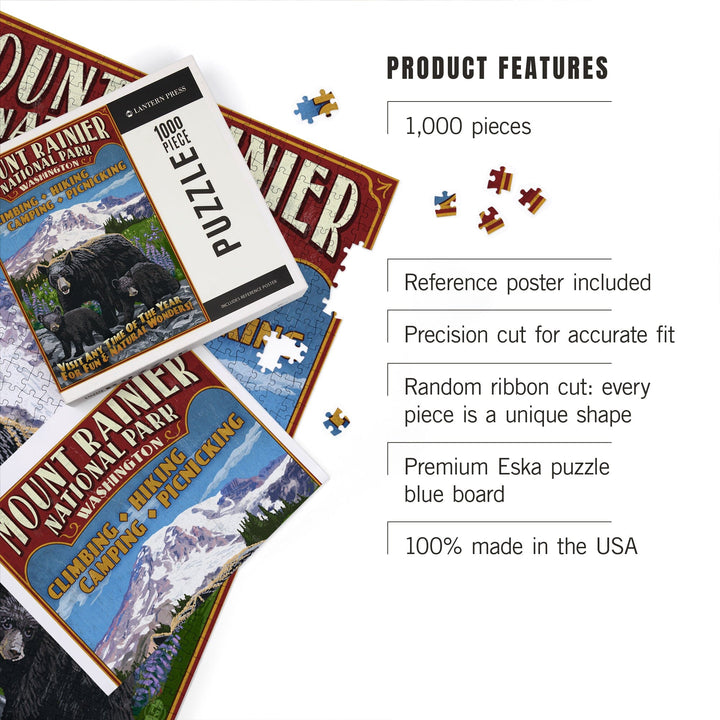 Mount Rainier National Park, Bear Family Vintage Sign, Jigsaw Puzzle Puzzle Lantern Press 