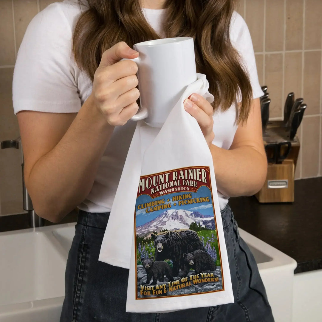 Mount Rainier National Park, Bear Family Vintage Sign, Organic Cotton Kitchen Tea Towels Kitchen Lantern Press 