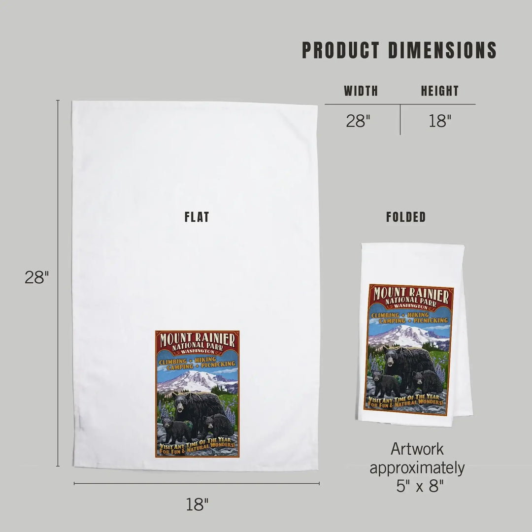 Mount Rainier National Park, Bear Family Vintage Sign, Organic Cotton Kitchen Tea Towels Kitchen Lantern Press 