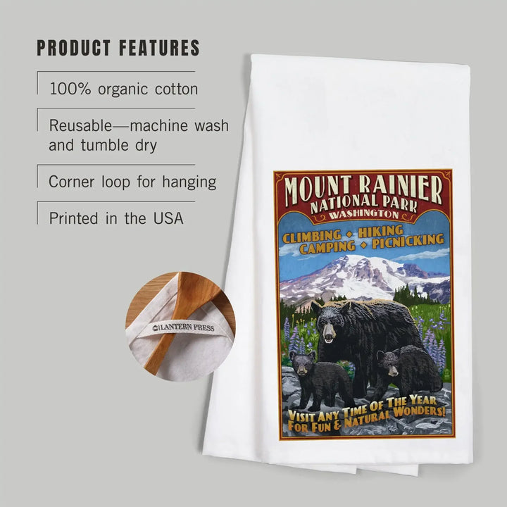 Mount Rainier National Park, Bear Family Vintage Sign, Organic Cotton Kitchen Tea Towels Kitchen Lantern Press 