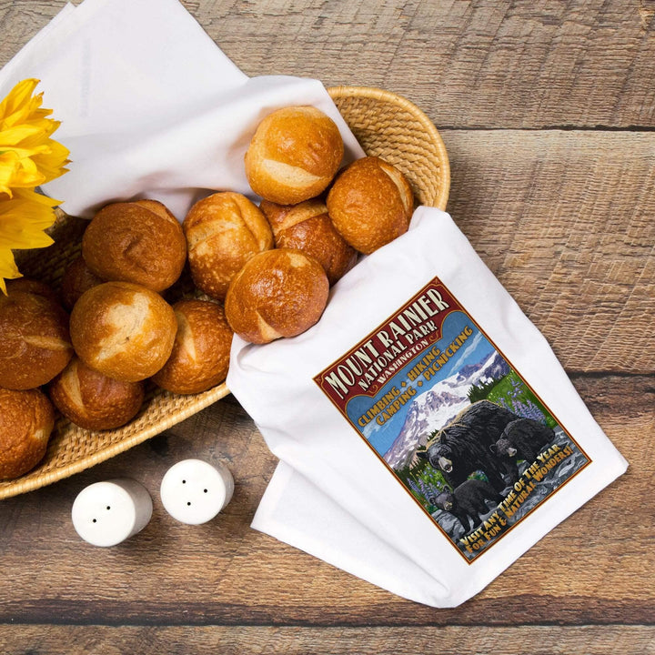 Mount Rainier National Park, Bear Family Vintage Sign, Organic Cotton Kitchen Tea Towels Kitchen Lantern Press 