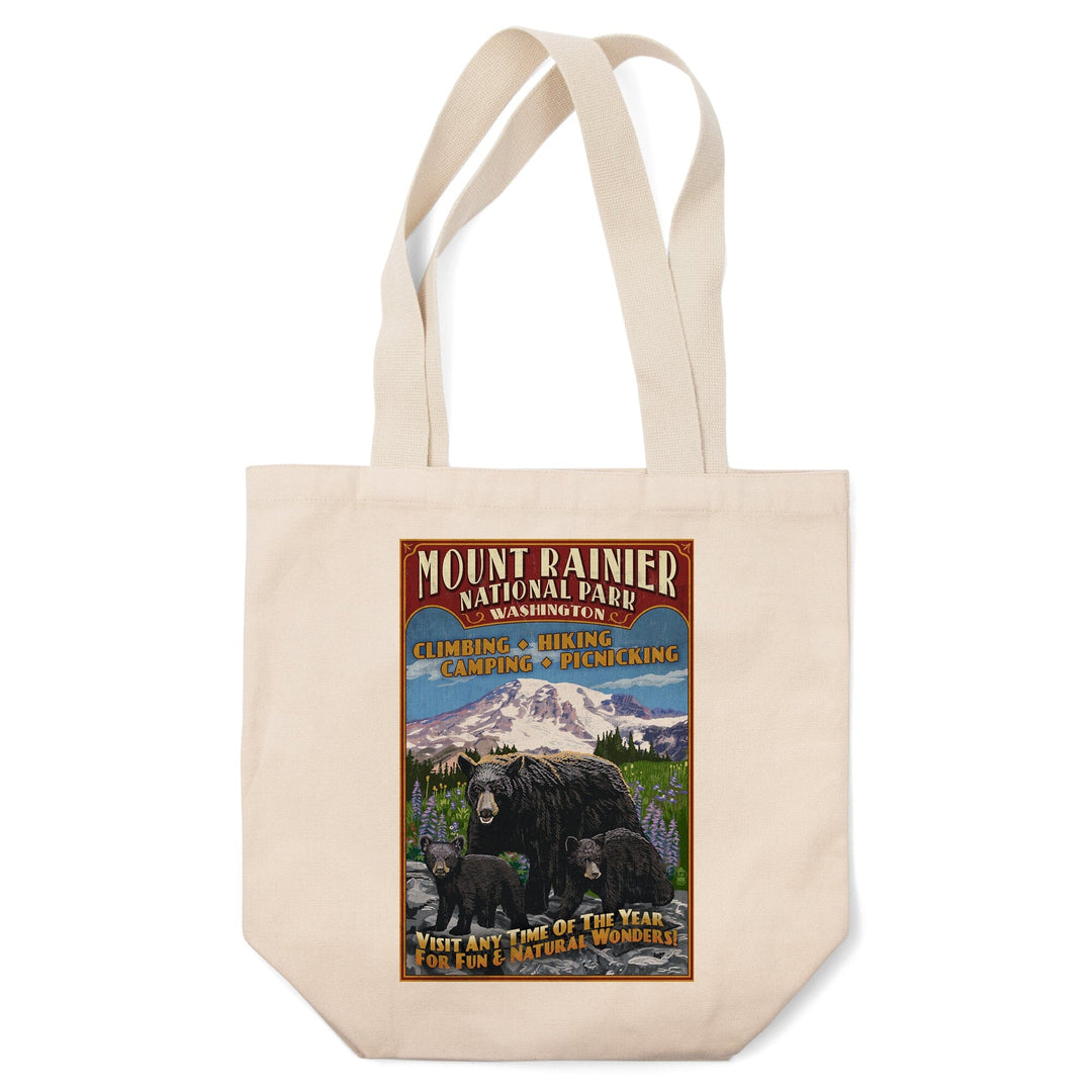 Mount Rainier National Park, Bear Family Vintage Sign, Tote Bag Totes Lantern Press 