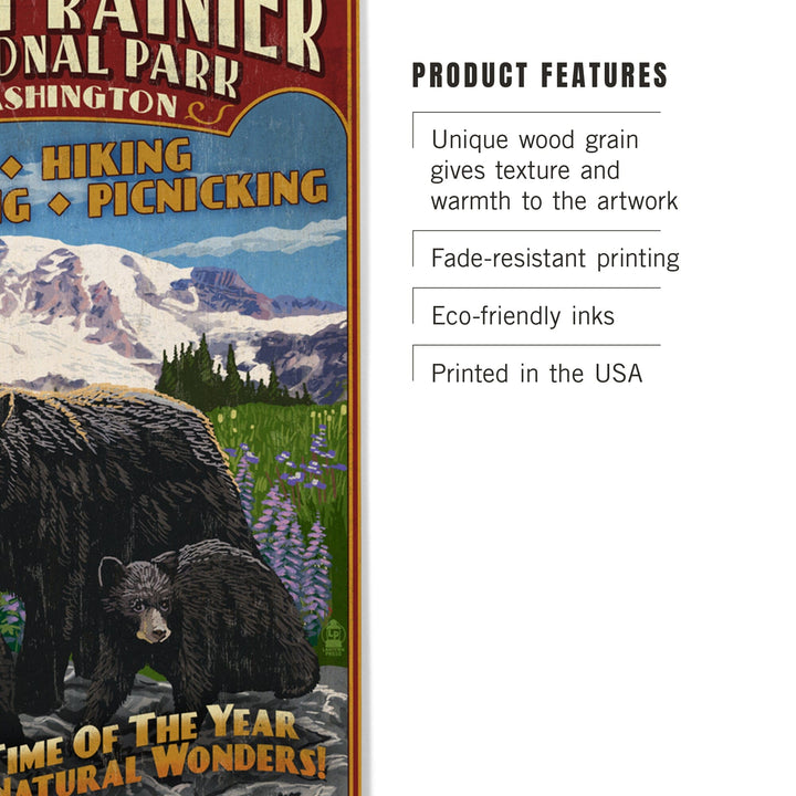 Mount Rainier National Park, Bear Family Vintage Sign, Wood Signs and Postcards Wood Lantern Press 