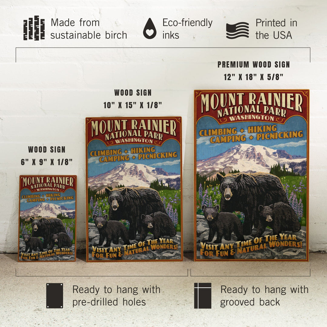 Mount Rainier National Park, Bear Family Vintage Sign, Wood Signs and Postcards Wood Lantern Press 