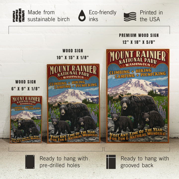 Mount Rainier National Park, Bear Family Vintage Sign, Wood Signs and Postcards Wood Lantern Press 