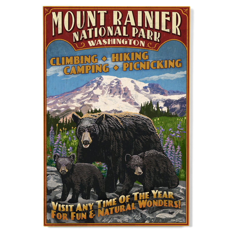 Mount Rainier National Park, Bear Family Vintage Sign, Wood Signs and Postcards Wood Lantern Press 
