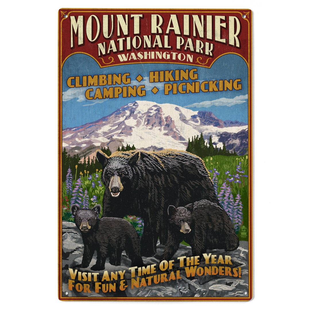 Mount Rainier National Park, Bear Family Vintage Sign, Wood Signs and Postcards Wood Lantern Press 