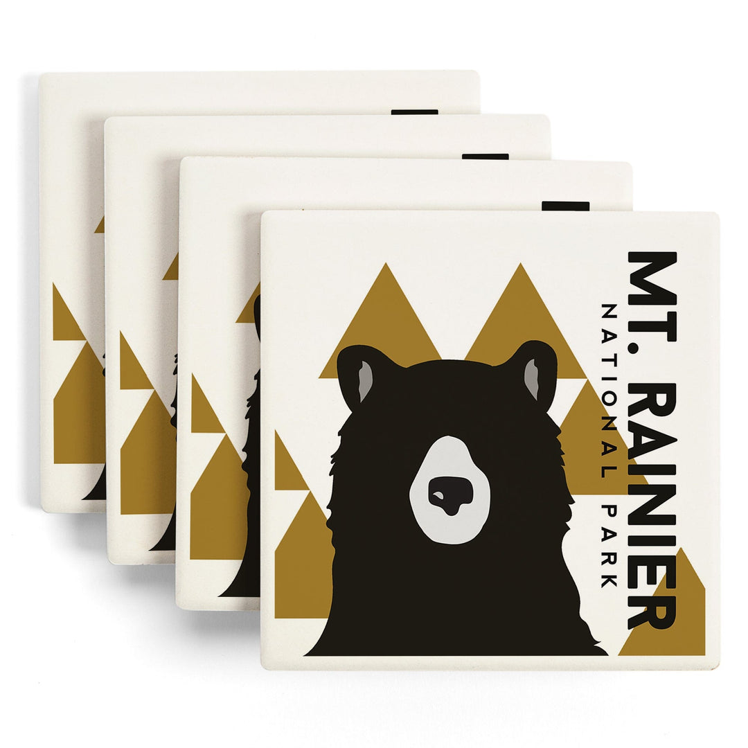 Mount Rainier National Park, Bear & Triangles, Yellow Horizontal, Lantern Press Artwork, Coaster Set Coasters Lantern Press 