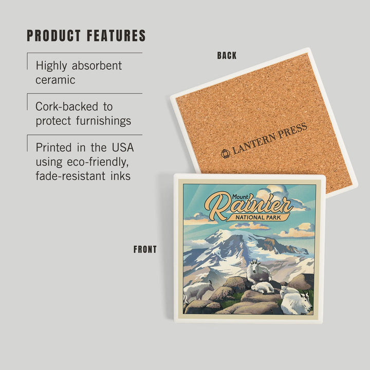 Mount Rainier National Park, Lithograph, Goats, Coasters Coasters Lantern Press 