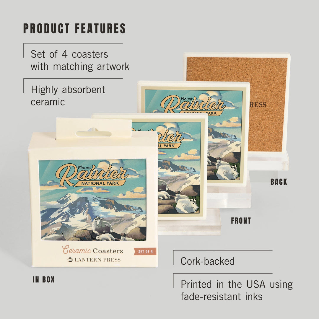 Mount Rainier National Park, Lithograph, Goats, Coasters Coasters Lantern Press 