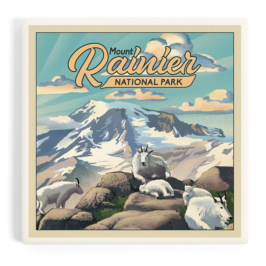 Mount Rainier National Park, Lithograph, Goats, Coasters Coasters Lantern Press 