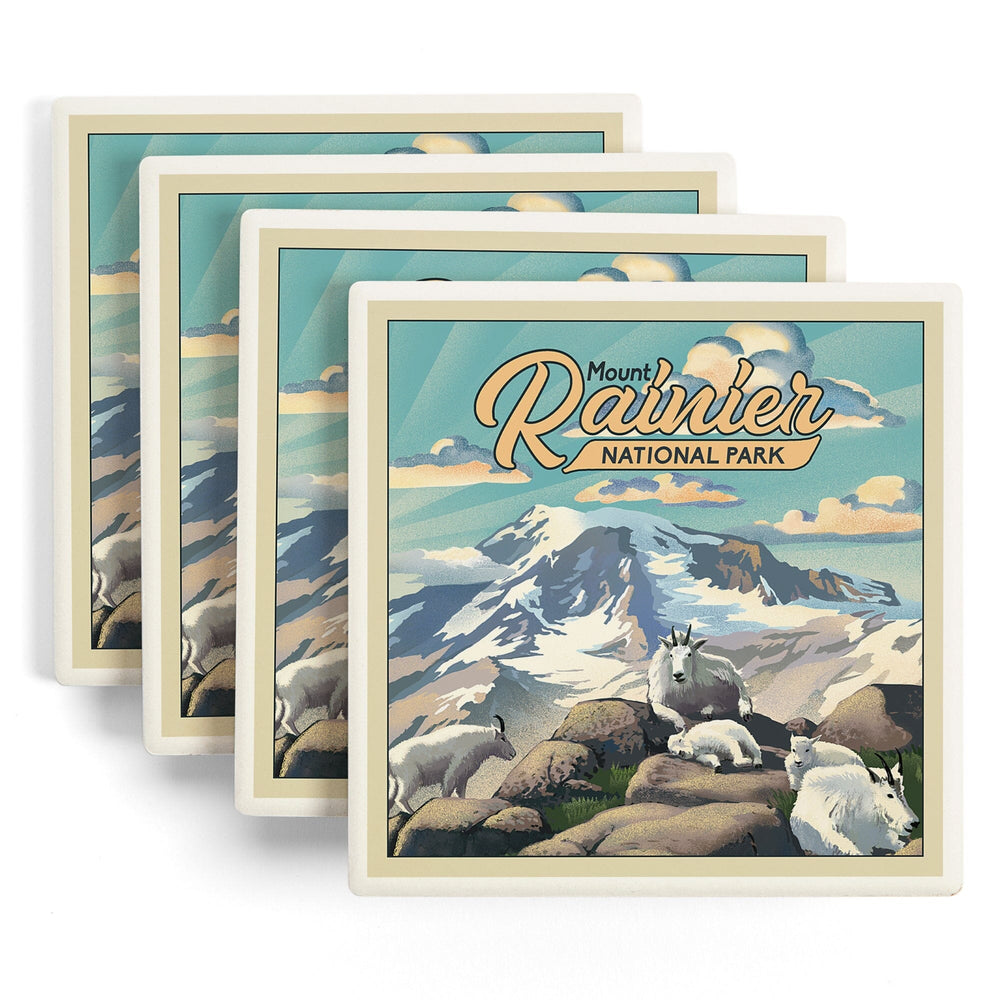 Mount Rainier National Park, Lithograph, Goats, Coasters Coasters Lantern Press 
