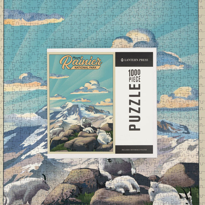 Mount Rainier National Park, Lithograph, Goats, Jigsaw Puzzle Puzzle Lantern Press 