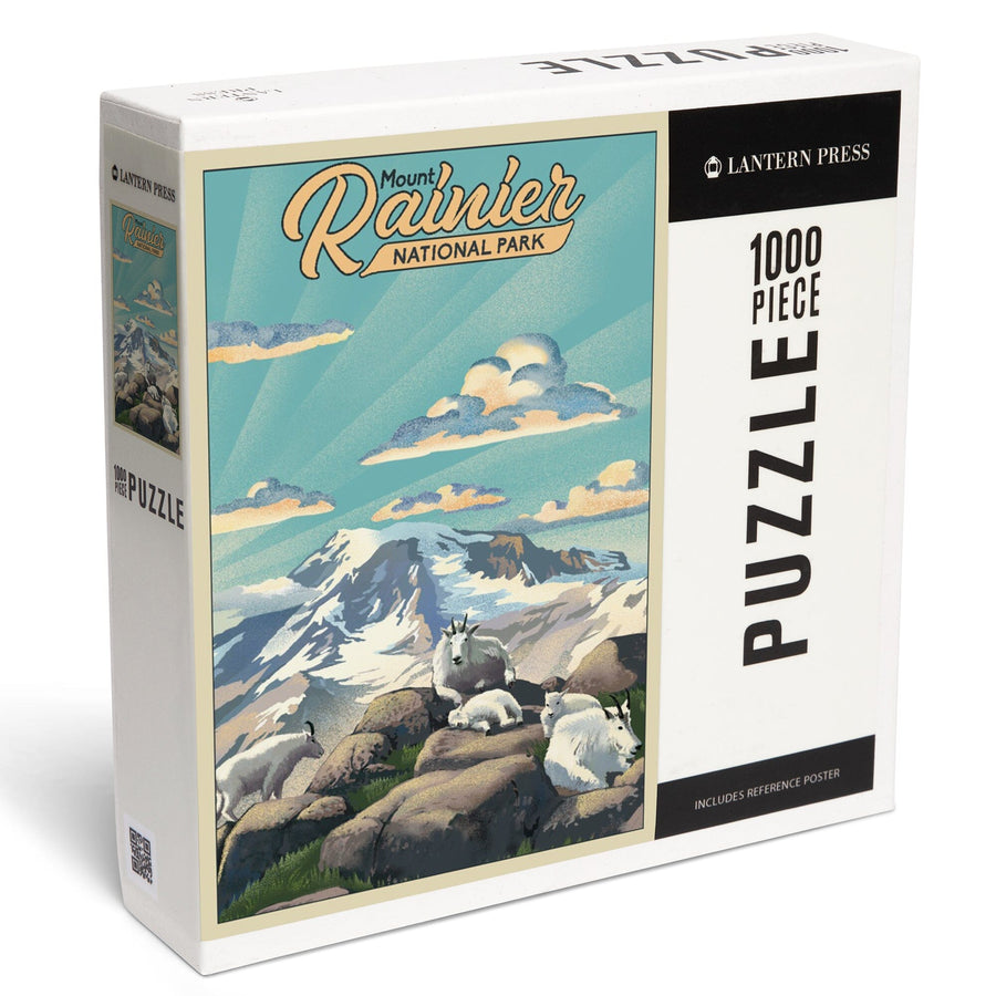 Mount Rainier National Park, Lithograph, Goats, Jigsaw Puzzle Puzzle Lantern Press 