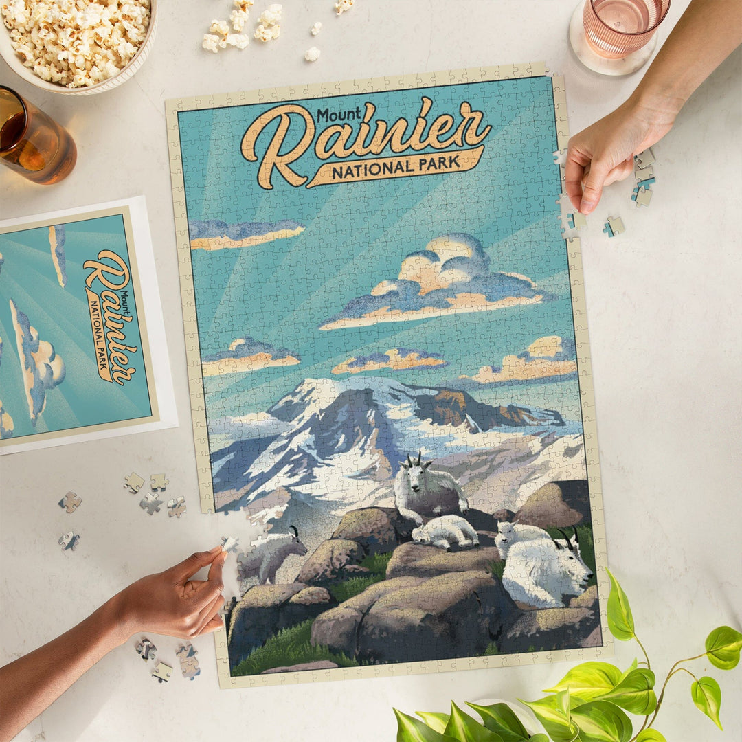 Mount Rainier National Park, Lithograph, Goats, Jigsaw Puzzle Puzzle Lantern Press 
