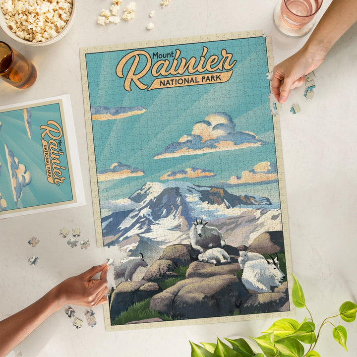 Mount Rainier National Park, Lithograph, Goats, Jigsaw Puzzle Puzzle Lantern Press 