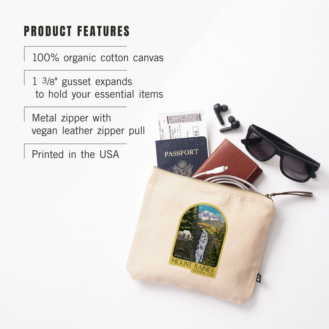Mount Rainier National Park, Myrtle Falls Press Logo,, Organic Cotton Zipper Pouch, Go Bag Go Bag Lantern Press 