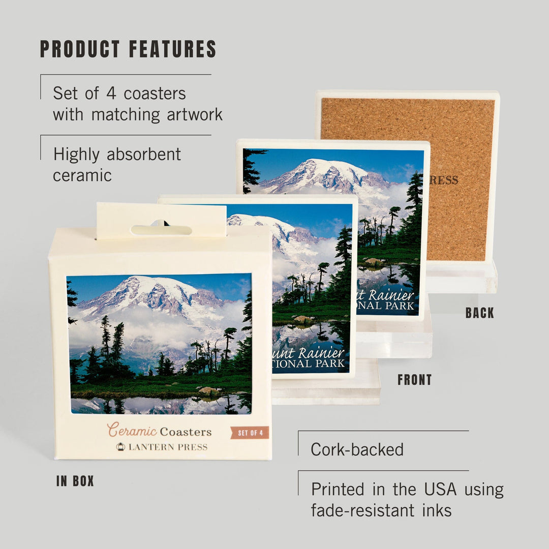 Mount Rainier National Park, Reflection Lake, Lantern Press Photography, Coaster Set Coasters Lantern Press 