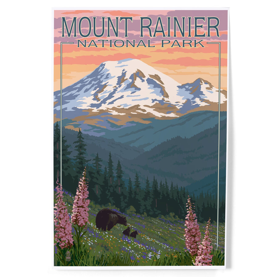 Mount Rainier National Park, Washington, Bear and Spring Flowers, Art & Giclee Prints Art Lantern Press 