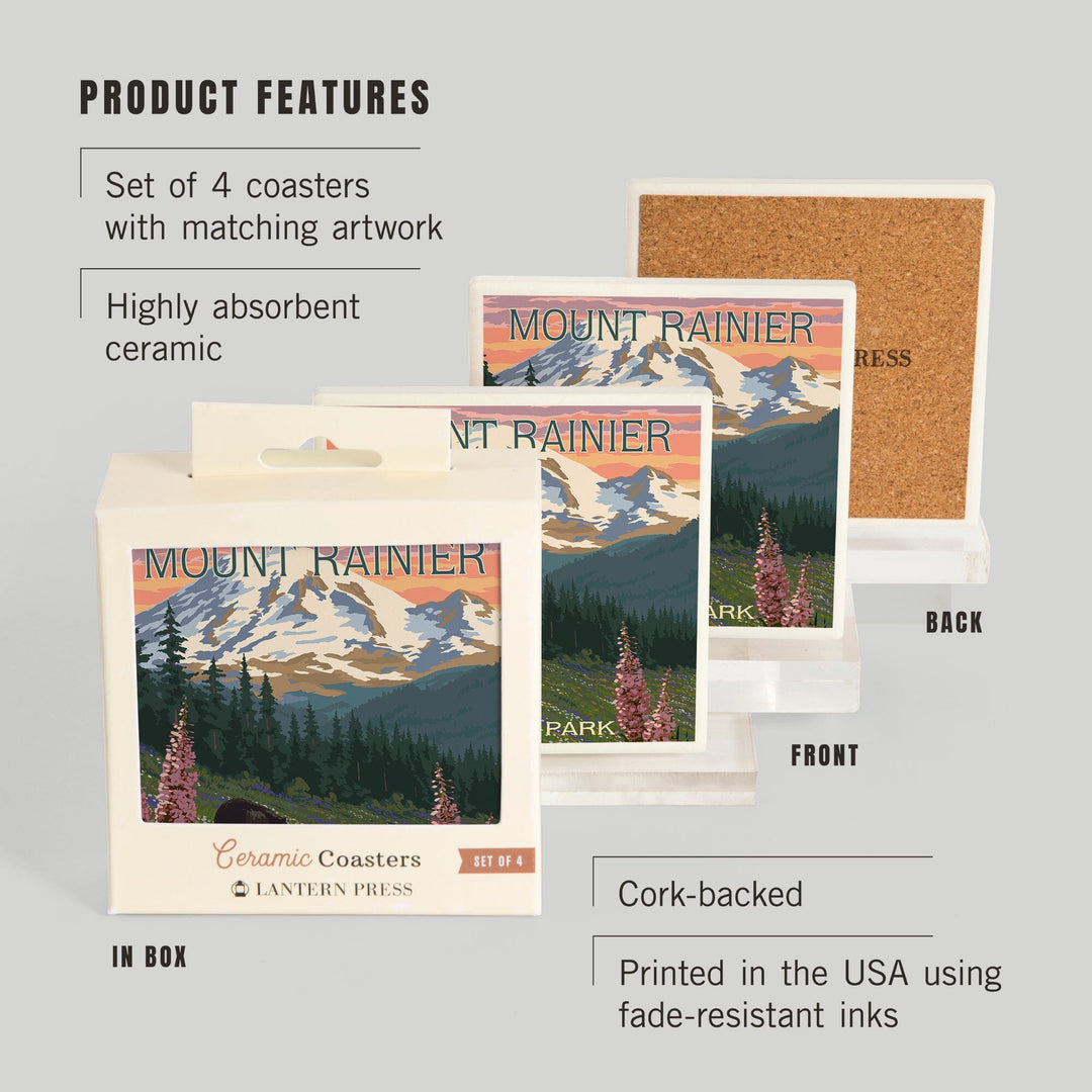 Mount Rainier National Park, Washington, Bear and Spring Flowers, Coasters Coasters Lantern Press 
