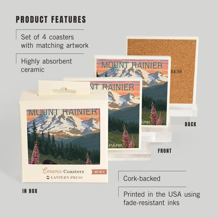 Mount Rainier National Park, Washington, Bear and Spring Flowers, Coasters Coasters Lantern Press 