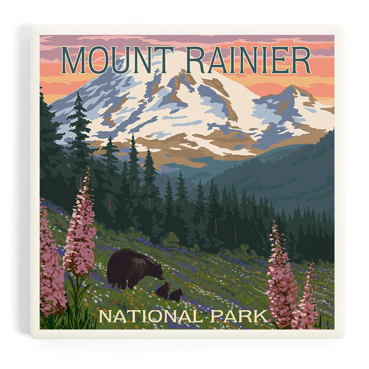 Mount Rainier National Park, Washington, Bear and Spring Flowers, Coasters Coasters Lantern Press 