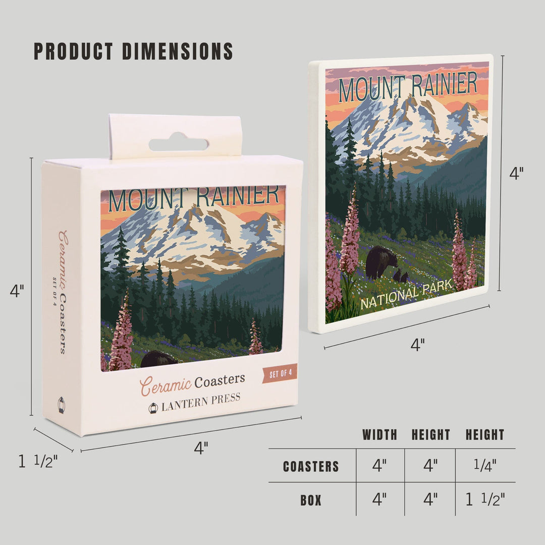 Mount Rainier National Park, Washington, Bear and Spring Flowers, Coasters Coasters Lantern Press 