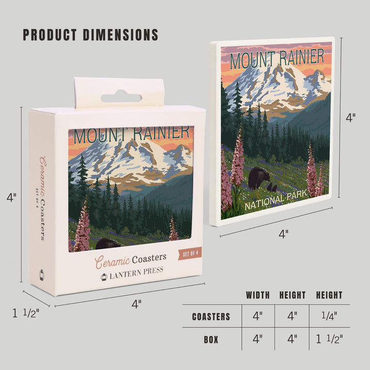 Mount Rainier National Park, Washington, Bear and Spring Flowers, Coasters Coasters Lantern Press 
