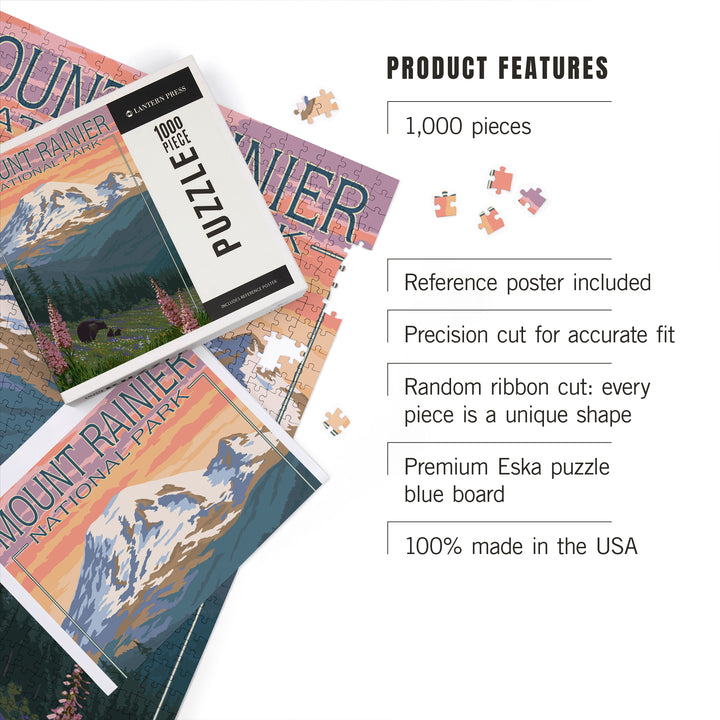 Mount Rainier National Park, Washington, Bear and Spring Flowers, Jigsaw Puzzle Puzzle Lantern Press 