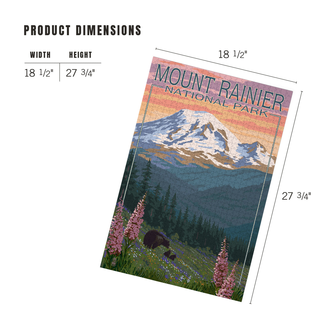 Mount Rainier National Park, Washington, Bear and Spring Flowers, Jigsaw Puzzle Puzzle Lantern Press 