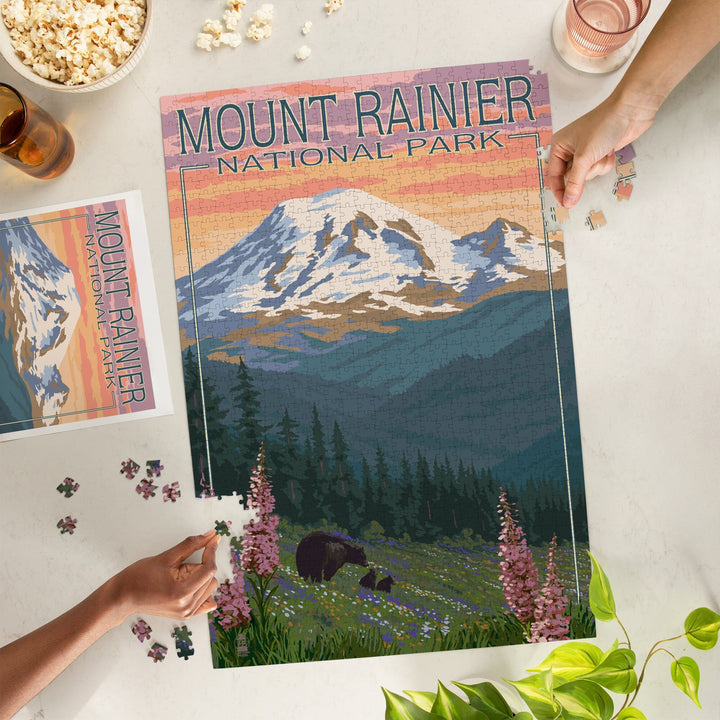 Mount Rainier National Park, Washington, Bear and Spring Flowers, Jigsaw Puzzle Puzzle Lantern Press 