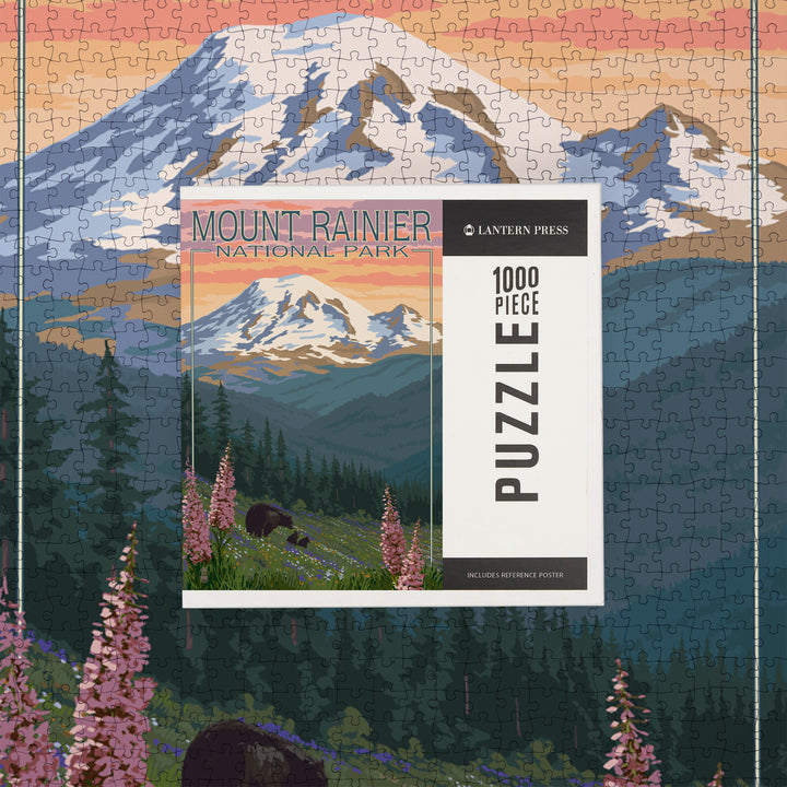 Mount Rainier National Park, Washington, Bear and Spring Flowers, Jigsaw Puzzle Puzzle Lantern Press 