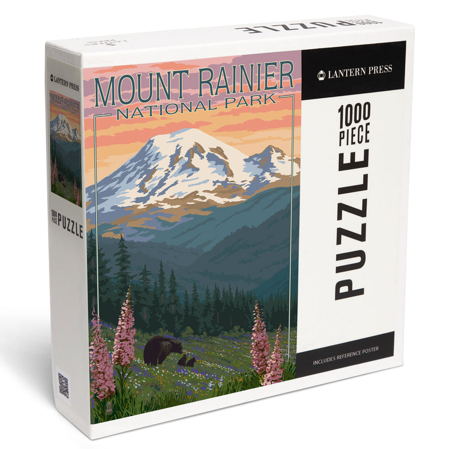 Mount Rainier National Park, Washington, Bear and Spring Flowers, Jigsaw Puzzle Puzzle Lantern Press 