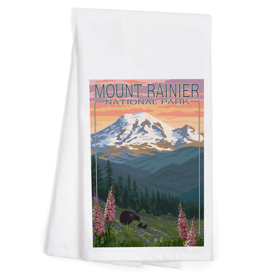 Mount Rainier National Park, Washington, Bear and Spring Flowers, Organic Cotton Kitchen Tea Towels Kitchen Lantern Press 
