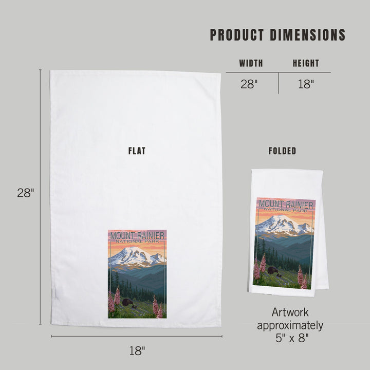Mount Rainier National Park, Washington, Bear and Spring Flowers, Organic Cotton Kitchen Tea Towels Kitchen Lantern Press 