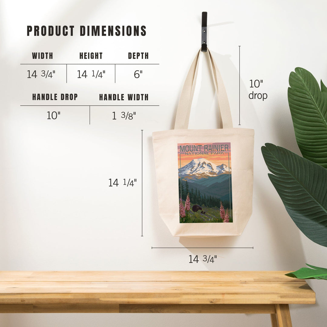 Mount Rainier National Park, Washington, Bear and Spring Flowers, Tote Bag Totes Lantern Press 