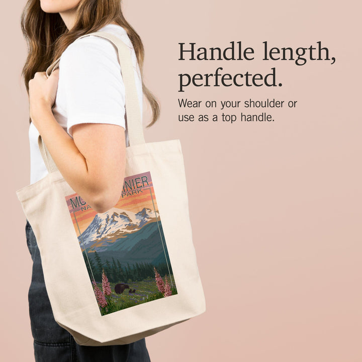 Mount Rainier National Park, Washington, Bear and Spring Flowers, Tote Bag Totes Lantern Press 
