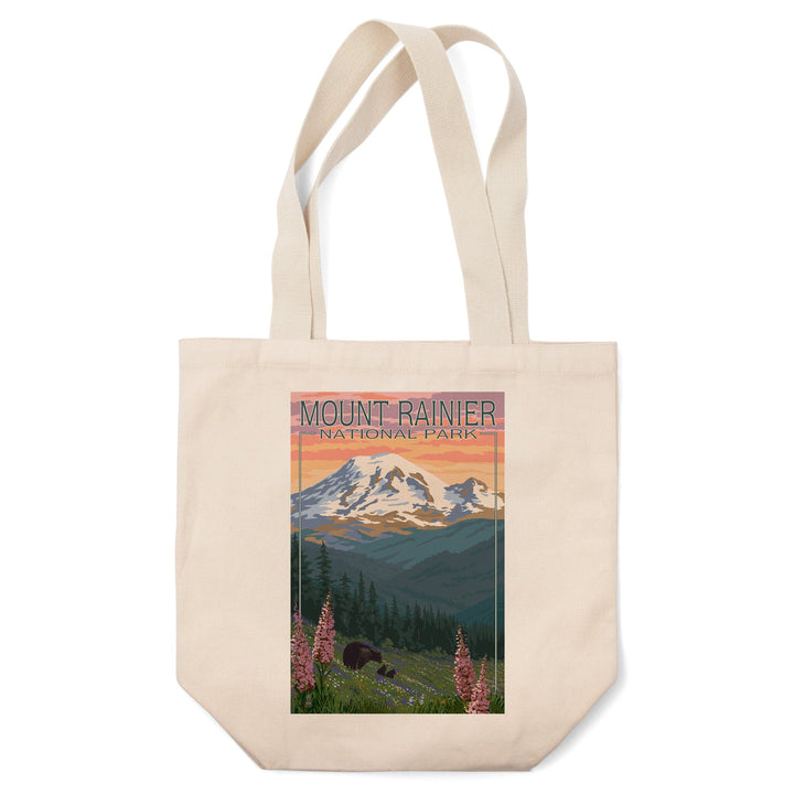 Mount Rainier National Park, Washington, Bear and Spring Flowers, Tote Bag Totes Lantern Press 