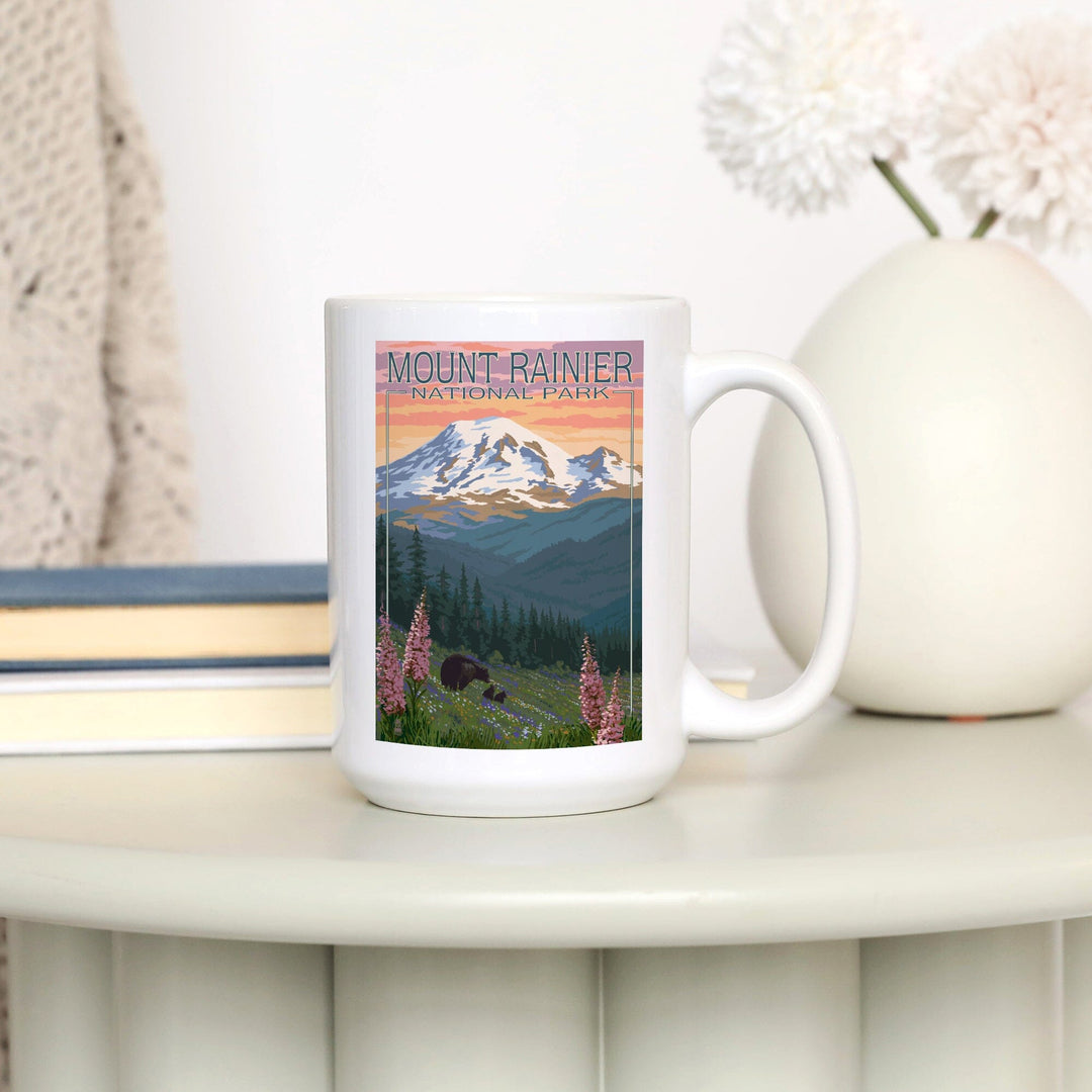 Mount Rainier National Park, Washington, Bear & Spring Flowers, Lantern Press Artwork, Ceramic Mug Mugs Lantern Press 