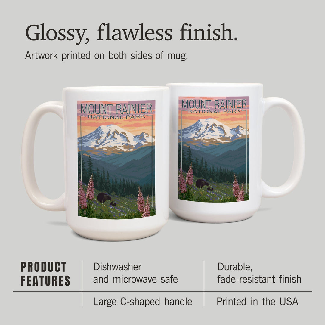 Mount Rainier National Park, Washington, Bear & Spring Flowers, Lantern Press Artwork, Ceramic Mug Mugs Lantern Press 