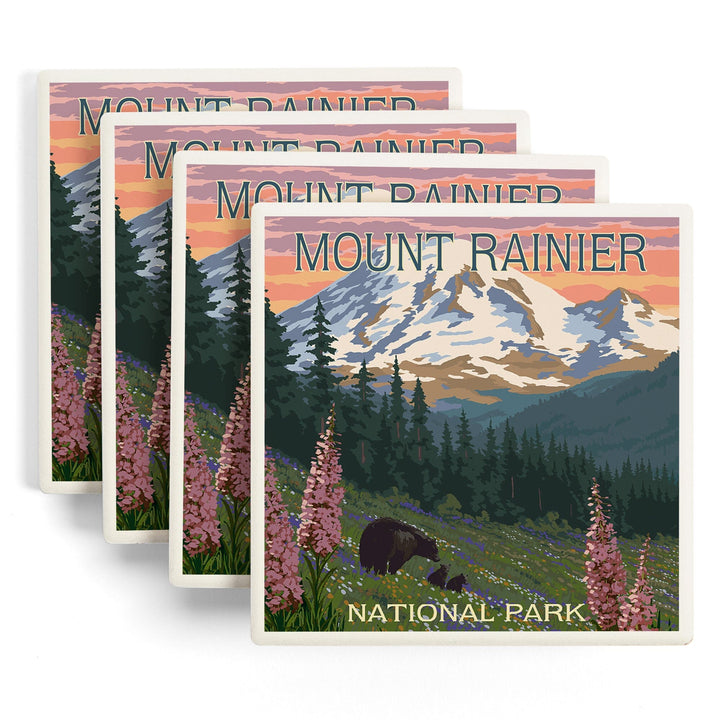 Mount Rainier National Park, Washington, Bear & Spring Flowers, Lantern Press Artwork, Coaster Set Coasters Lantern Press 