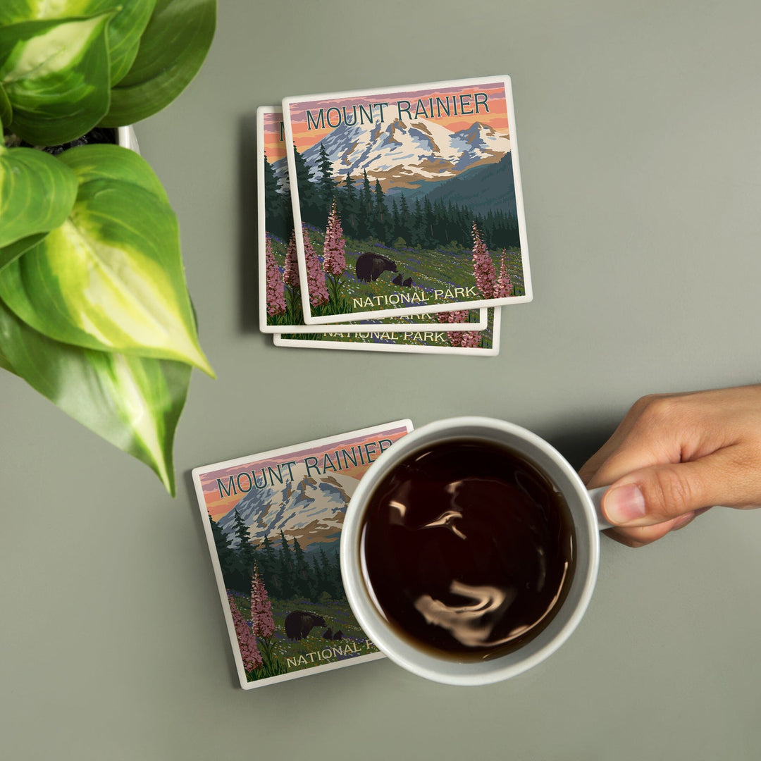 Mount Rainier National Park, Washington, Bear & Spring Flowers, Lantern Press Artwork, Coaster Set Coasters Lantern Press 