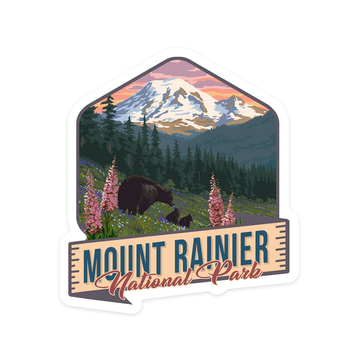 Mount Rainier National Park, Washington, Bears and Spring Flowers, Contour, Vinyl Sticker Sticker Lantern Press 