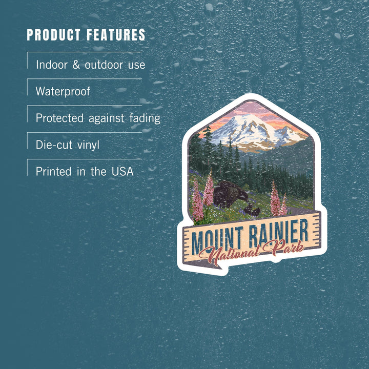 Mount Rainier National Park, Washington, Bears and Spring Flowers, Contour, Vinyl Sticker Sticker Lantern Press 