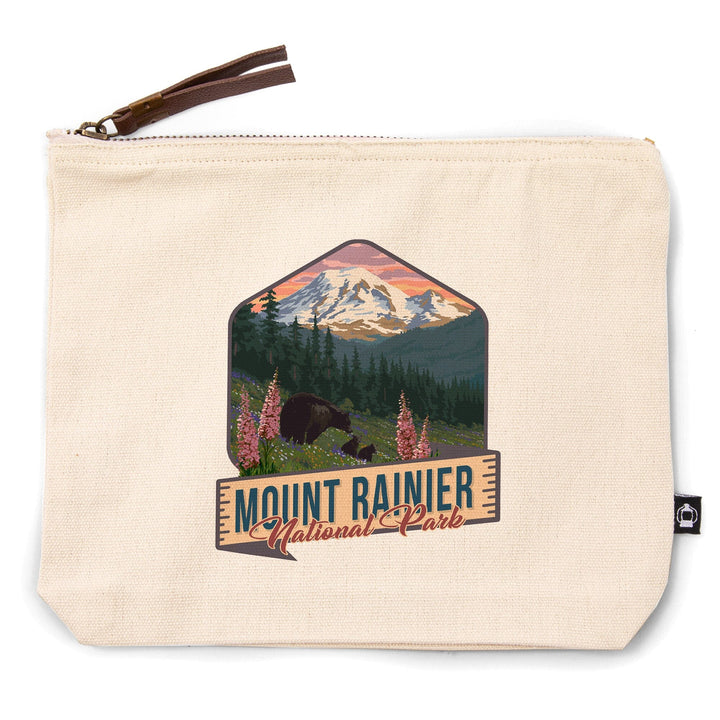 Mount Rainier National Park, Washington, Bears and Spring Flowers,, Organic Cotton Zipper Pouch, Go Bag Go Bag Lantern Press 