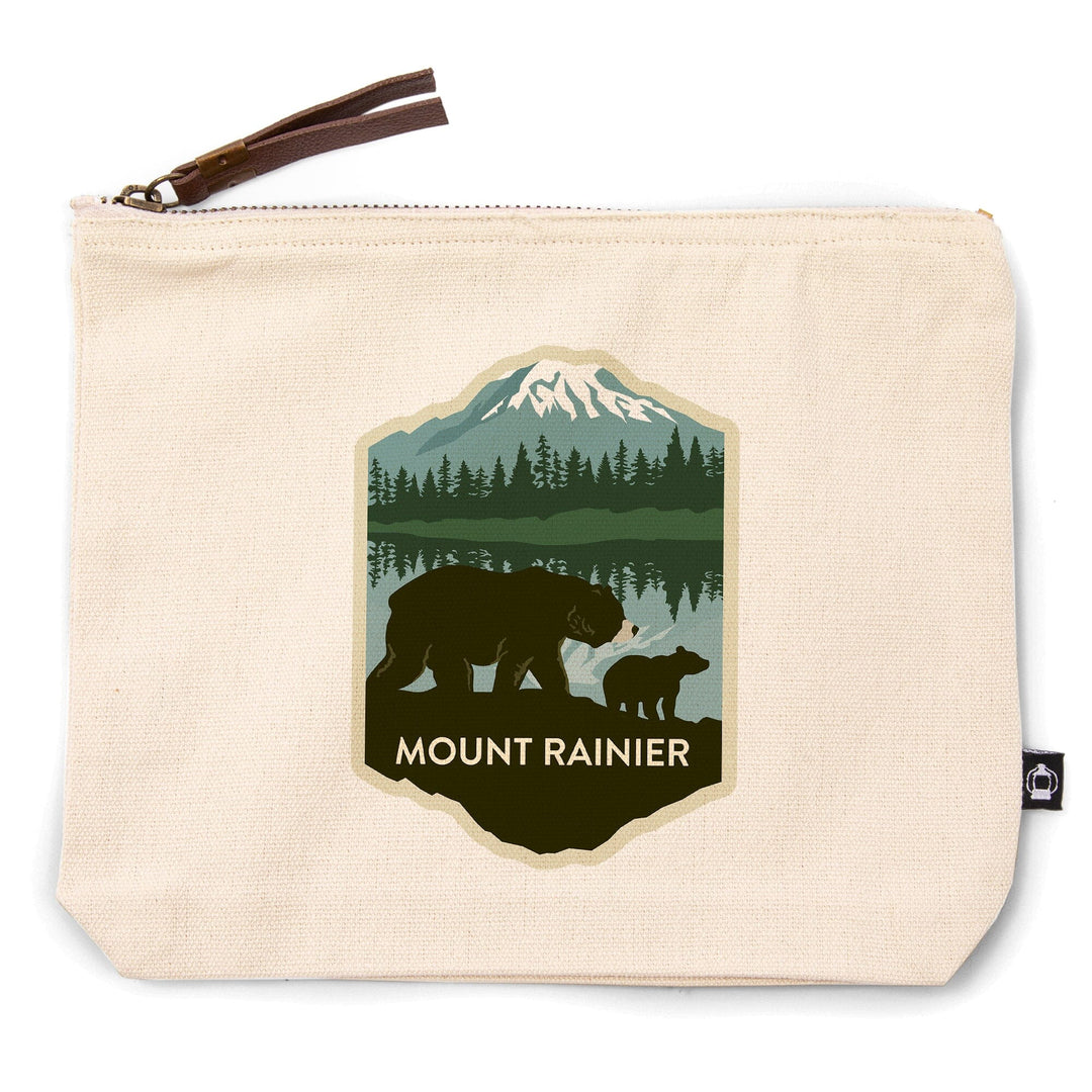 Mount Rainier National Park, Washington, Bears, Vector,, Organic Cotton Zipper Pouch, Go Bag Go Bag Lantern Press 